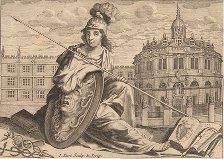 Minerva, an open illustrated medical book and surgical instruments at her feet and Wren’s Sheldonian Theatre, Oxford.
