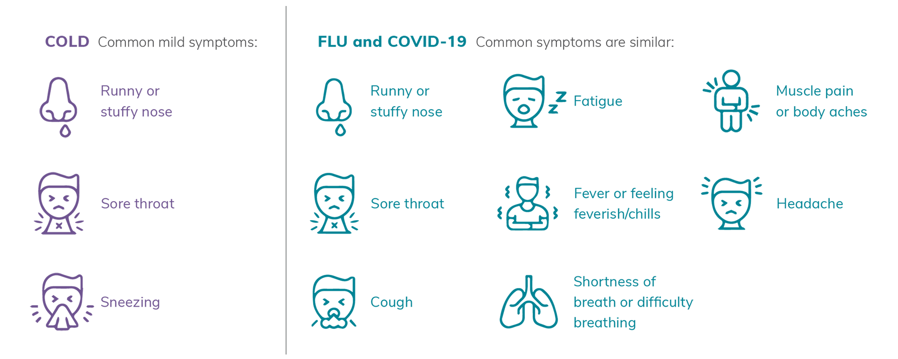 An infographic showing cold, flu and COVID-19 symptoms. Common cold symptoms include: Runny or stuffy nose, sore throat, and sneezing. Flu and COVID-19 common symptoms are similar and may include runny or stuffy nose, sore throat, cough, fatigue, fever or feeling feverish/chills, shortness of breath or difficulty breathing, muscle pain or body aches, and headache.